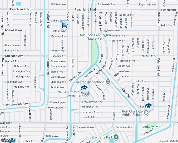 map of restaurants, bars, coffee shops, grocery stores, and more near 1404 Harmony Drive in Port Charlotte