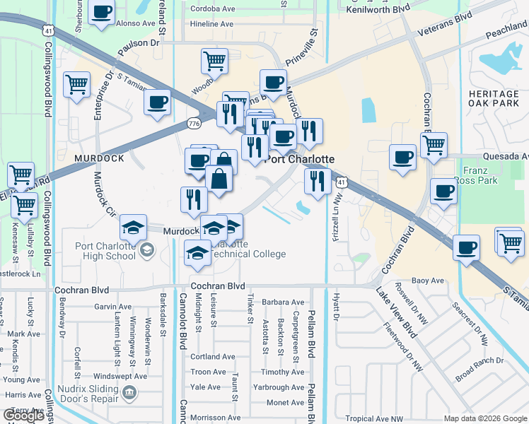 map of restaurants, bars, coffee shops, grocery stores, and more near 18344 Murdock Circle in Port Charlotte