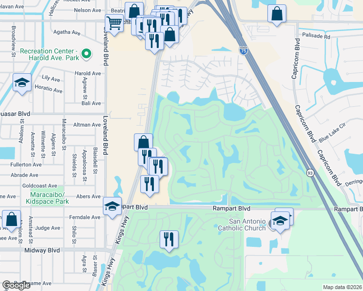 map of restaurants, bars, coffee shops, grocery stores, and more near 1680 Palace Court in Punta Gorda