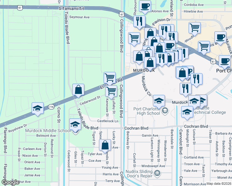 map of restaurants, bars, coffee shops, grocery stores, and more near 1387 Collingswood Boulevard in Port Charlotte