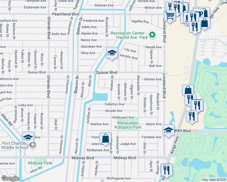map of restaurants, bars, coffee shops, grocery stores, and more near 1358 Abalom Street in Port Charlotte
