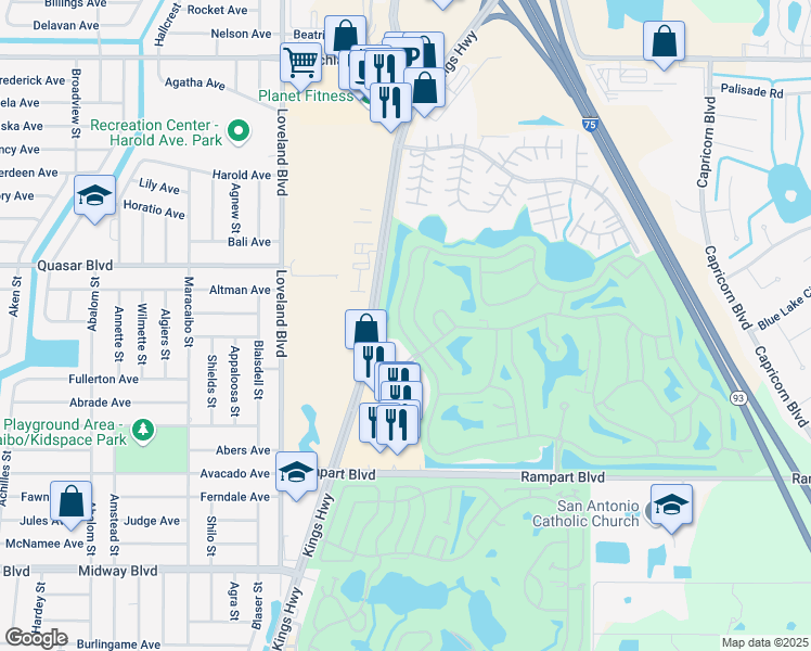 map of restaurants, bars, coffee shops, grocery stores, and more near 24212 Buckingham Way in Port Charlotte