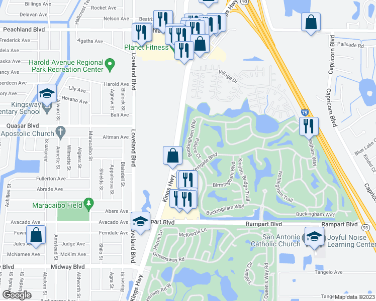 map of restaurants, bars, coffee shops, grocery stores, and more near 24229 Buckingham Way in Punta Gorda