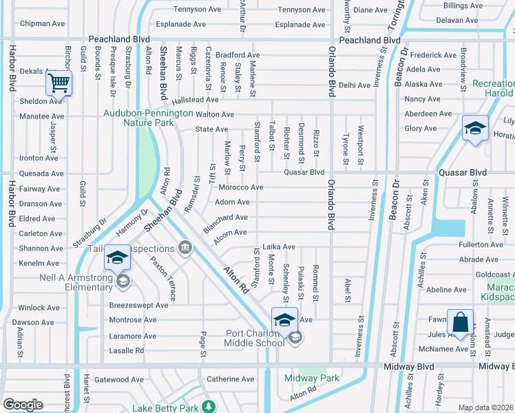 map of restaurants, bars, coffee shops, grocery stores, and more near 1331 Stamford Street in Port Charlotte