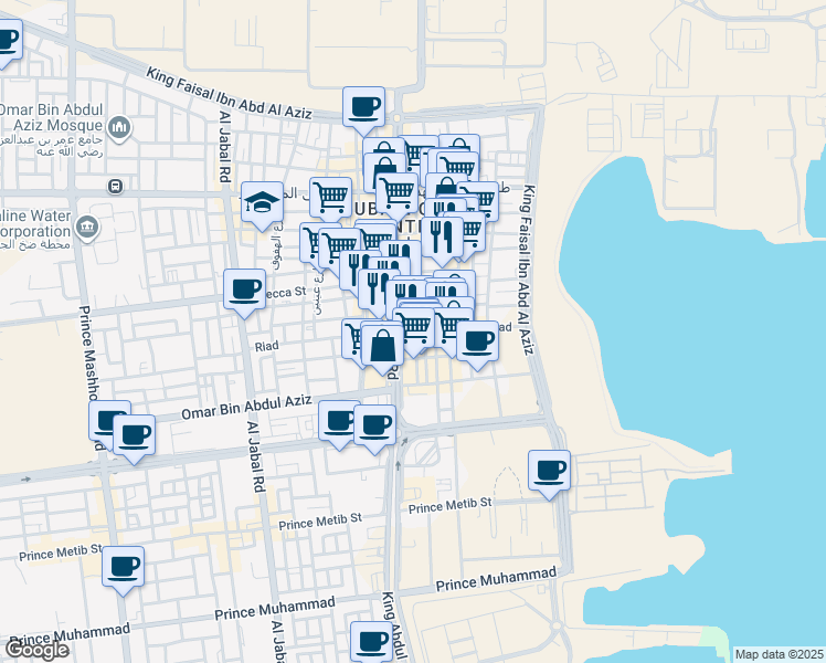 map of restaurants, bars, coffee shops, grocery stores, and more near 3240 Riyadh in Al Jubayl