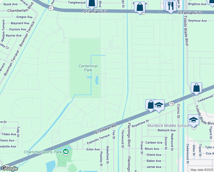 map of restaurants, bars, coffee shops, grocery stores, and more near Ward Street in Port Charlotte