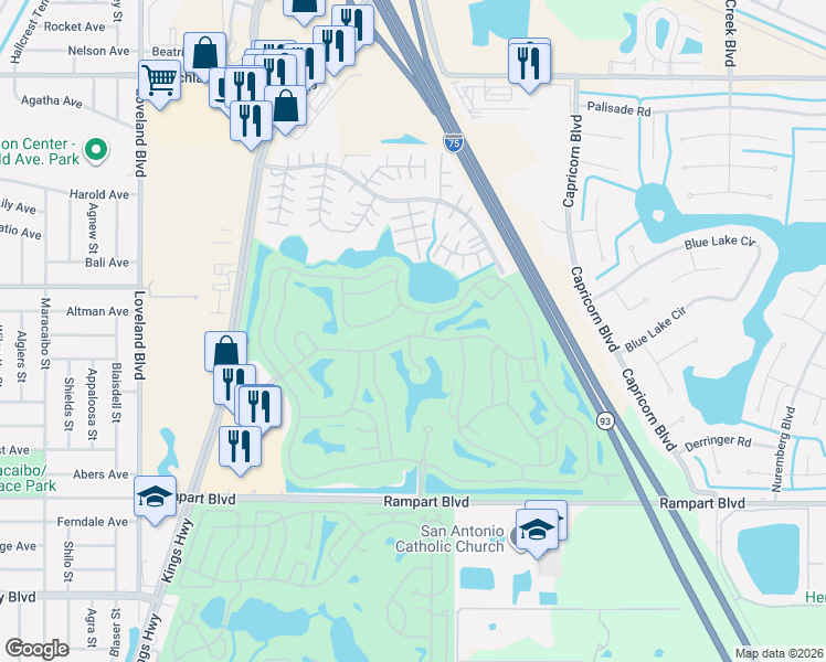 map of restaurants, bars, coffee shops, grocery stores, and more near 24443 Buckingham Way in Port Charlotte