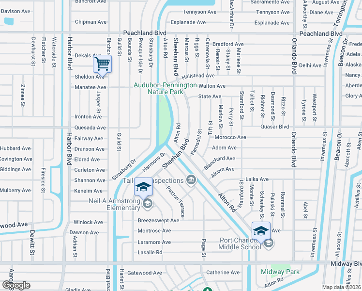 map of restaurants, bars, coffee shops, grocery stores, and more near 1345 Sheehan Boulevard in Port Charlotte