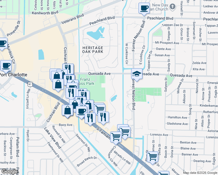 map of restaurants, bars, coffee shops, grocery stores, and more near 19505 Quesada Avenue in Port Charlotte