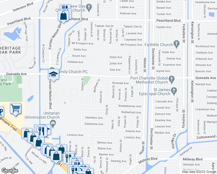 map of restaurants, bars, coffee shops, grocery stores, and more near 20284 Tralee Drive in Port Charlotte