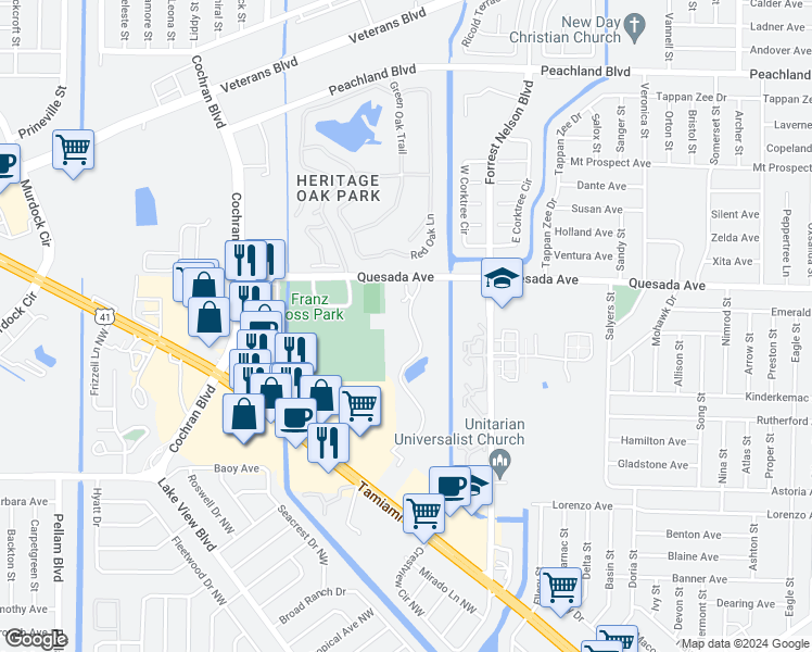 map of restaurants, bars, coffee shops, grocery stores, and more near 19505 Quesada Avenue in Port Charlotte