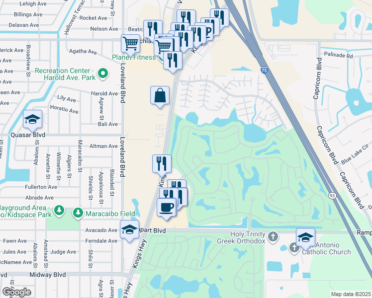 map of restaurants, bars, coffee shops, grocery stores, and more near 1636 Palace Court in Port Charlotte