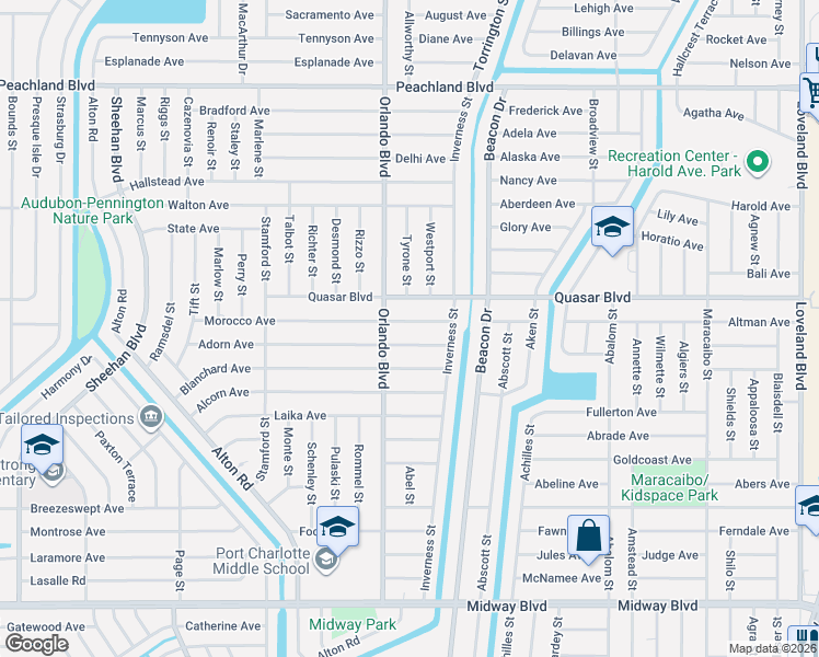 map of restaurants, bars, coffee shops, grocery stores, and more near 22577 Morocco Avenue in Port Charlotte