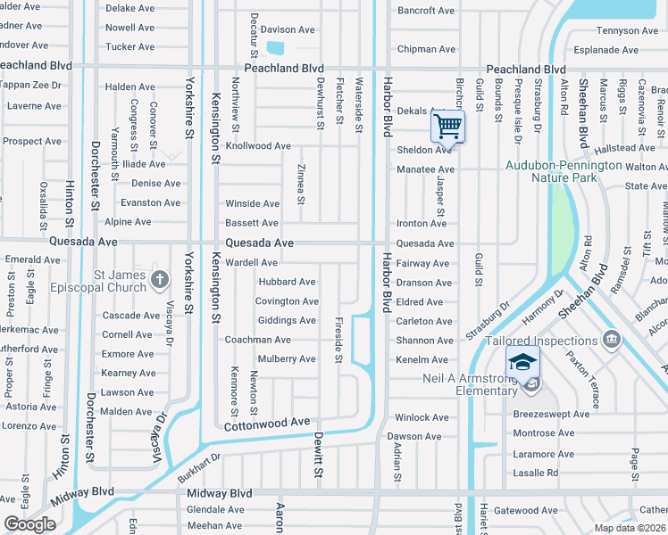 map of restaurants, bars, coffee shops, grocery stores, and more near 1313 Fireside Street in Port Charlotte