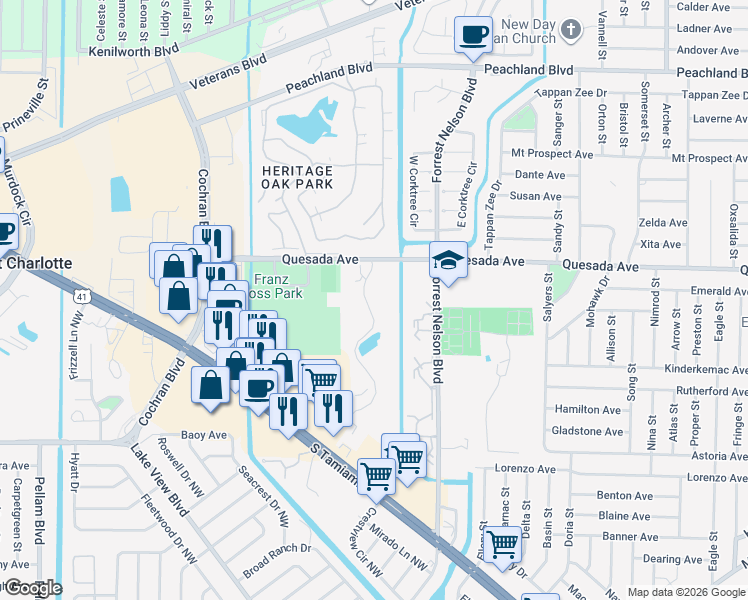 map of restaurants, bars, coffee shops, grocery stores, and more near 19505 Quesada Avenue in Port Charlotte