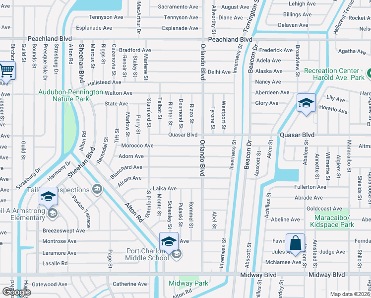map of restaurants, bars, coffee shops, grocery stores, and more near 22487 Morocco Avenue in Port Charlotte