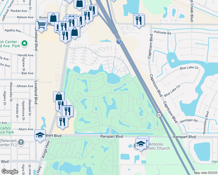 map of restaurants, bars, coffee shops, grocery stores, and more near 24443 Buckingham Way in Port Charlotte