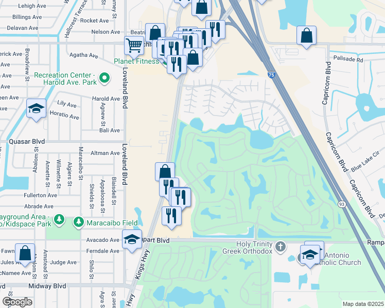 map of restaurants, bars, coffee shops, grocery stores, and more near 1636 Palace Court in Port Charlotte