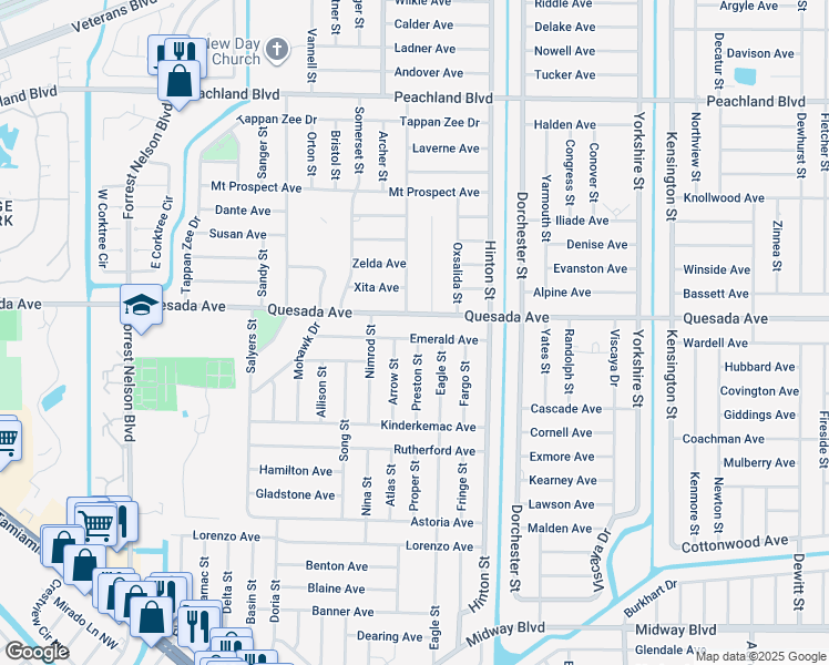 map of restaurants, bars, coffee shops, grocery stores, and more near 20362 Emerald Avenue in Port Charlotte