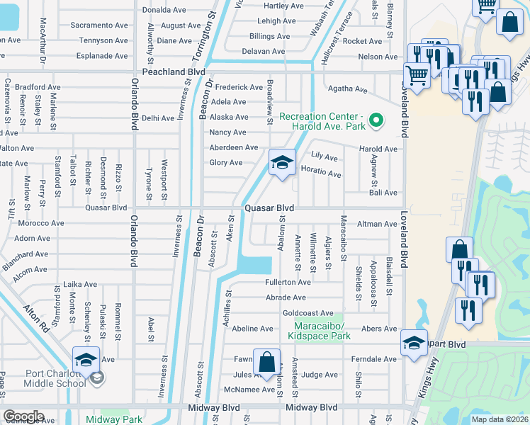 map of restaurants, bars, coffee shops, grocery stores, and more near 23259 Quasar Boulevard in Port Charlotte