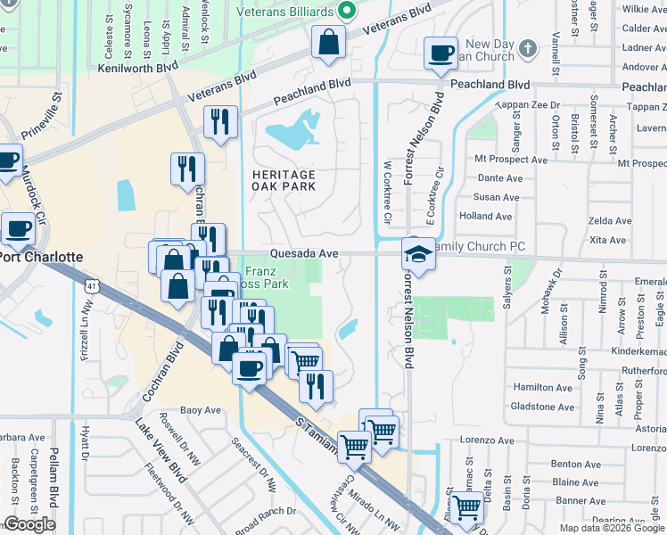 map of restaurants, bars, coffee shops, grocery stores, and more near 19505 Quesada Avenue in Port Charlotte