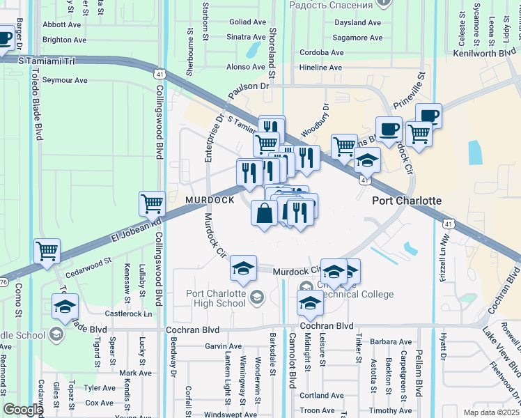 map of restaurants, bars, coffee shops, grocery stores, and more near in Port Charlotte
