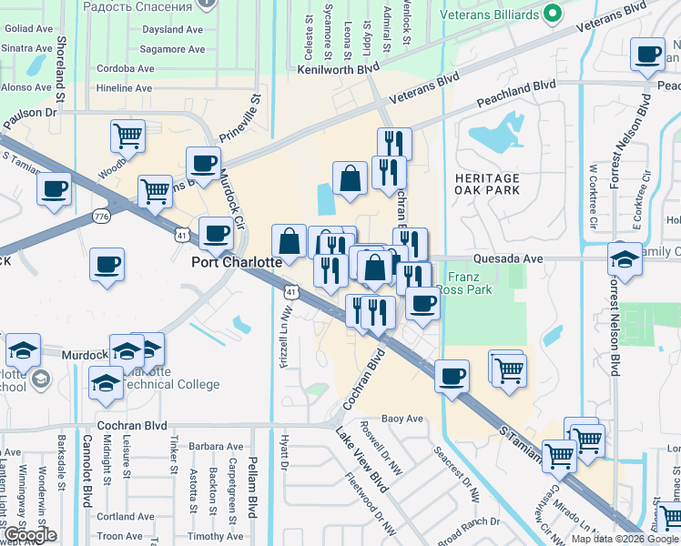 map of restaurants, bars, coffee shops, grocery stores, and more near 19105 Quesada Ave in Port Charlotte
