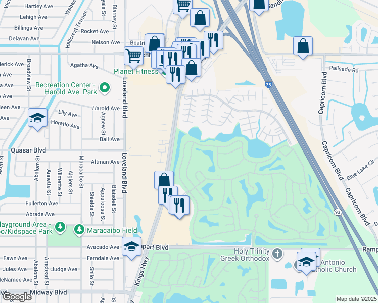 map of restaurants, bars, coffee shops, grocery stores, and more near 1613 Palace Court in Port Charlotte