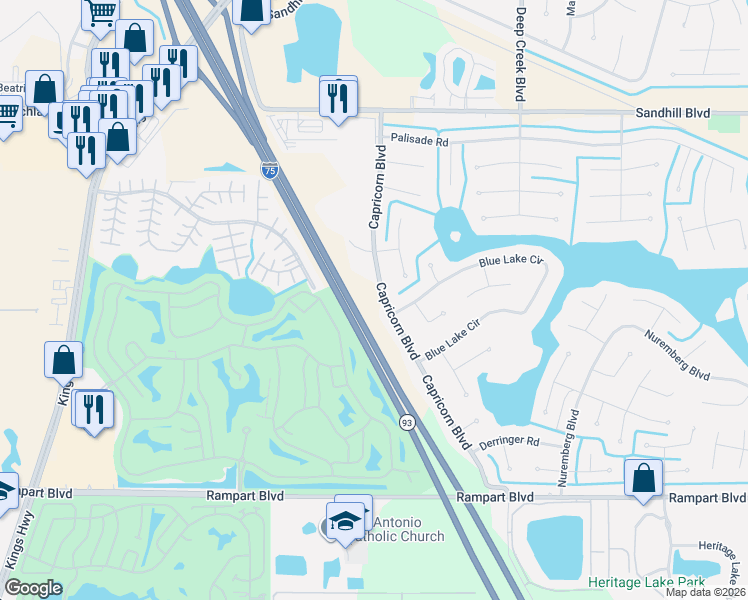 map of restaurants, bars, coffee shops, grocery stores, and more near 1249 Capricorn Boulevard in Punta Gorda