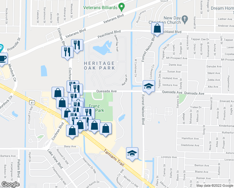 map of restaurants, bars, coffee shops, grocery stores, and more near 19505 Quesada Avenue in Port Charlotte