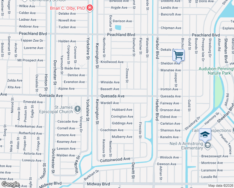 map of restaurants, bars, coffee shops, grocery stores, and more near 21240 Quesada Avenue in Port Charlotte