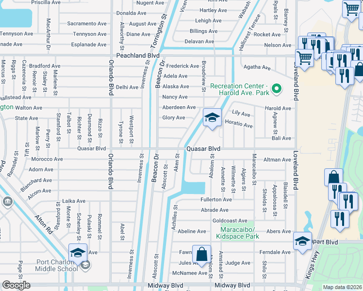 map of restaurants, bars, coffee shops, grocery stores, and more near 1316 Aken Street in Port Charlotte