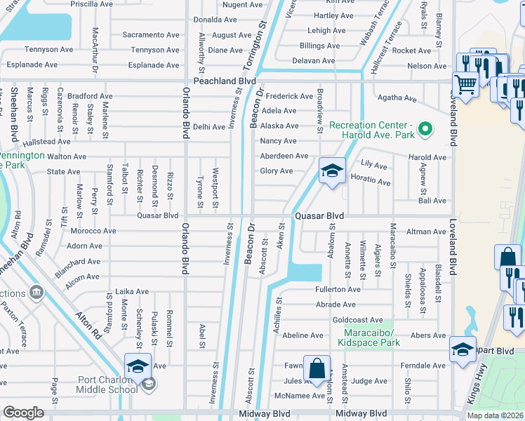 map of restaurants, bars, coffee shops, grocery stores, and more near 23152 Quasar Boulevard in Port Charlotte