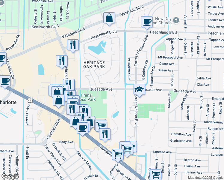 map of restaurants, bars, coffee shops, grocery stores, and more near 19505 Quesada Avenue in Port Charlotte