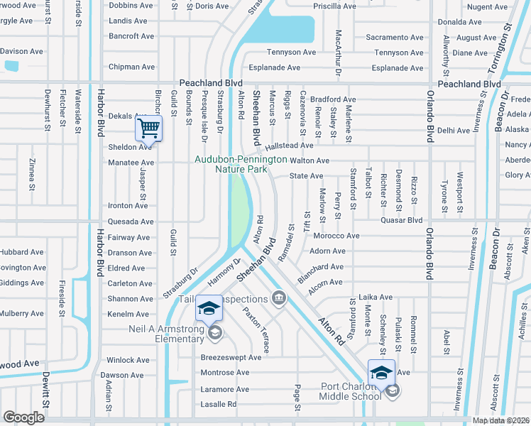 map of restaurants, bars, coffee shops, grocery stores, and more near 1257 Alton Road in Port Charlotte