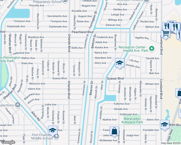map of restaurants, bars, coffee shops, grocery stores, and more near 23152 Quasar Boulevard in Port Charlotte