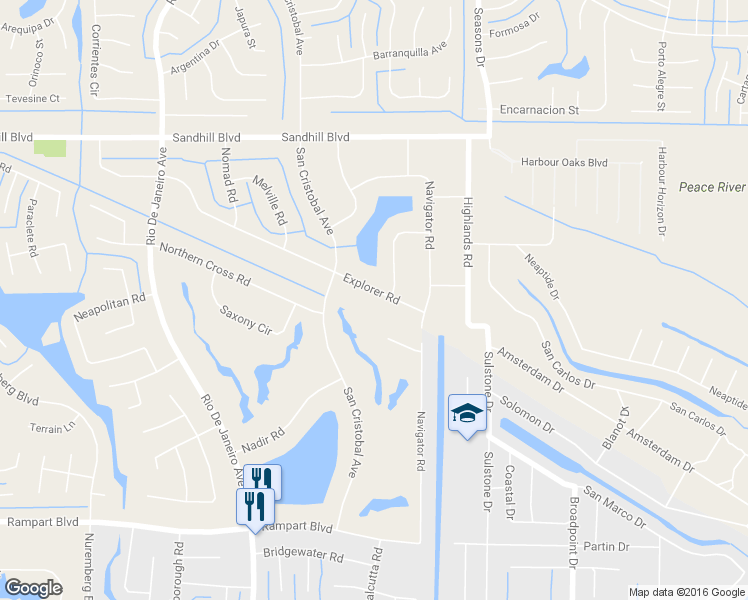 map of restaurants, bars, coffee shops, grocery stores, and more near 26481 Explorer Road in Punta Gorda