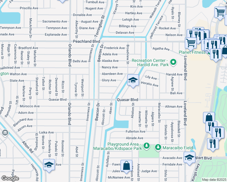 map of restaurants, bars, coffee shops, grocery stores, and more near 1287 Aken Street in Port Charlotte