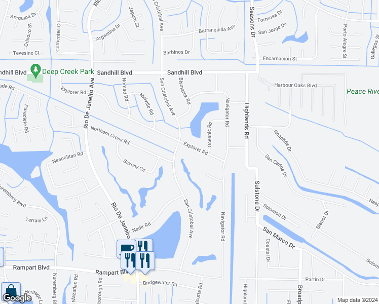 map of restaurants, bars, coffee shops, grocery stores, and more near 26458 Explorer Road in Punta Gorda