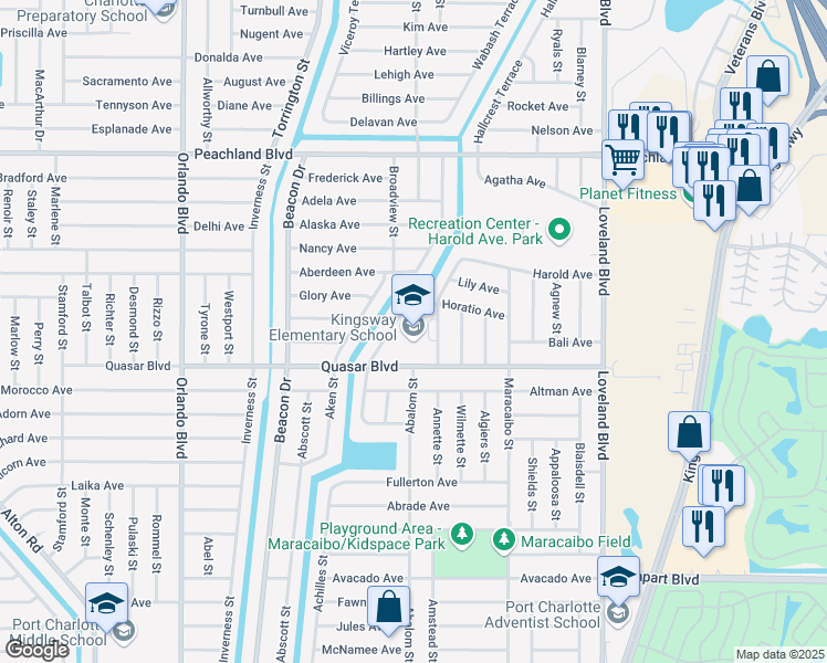 map of restaurants, bars, coffee shops, grocery stores, and more near 23300 Quasar Boulevard in Port Charlotte
