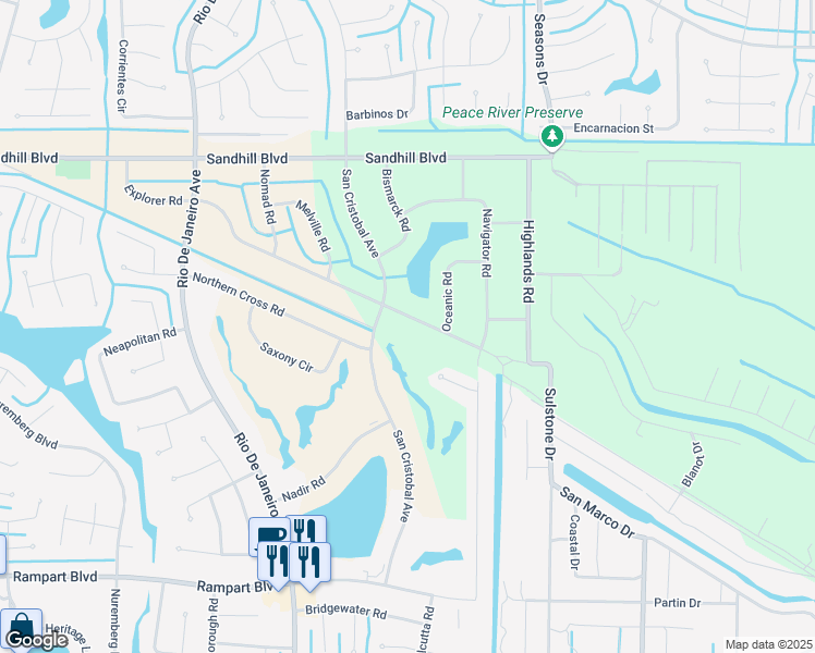 map of restaurants, bars, coffee shops, grocery stores, and more near 26458 Explorer Road in Punta Gorda