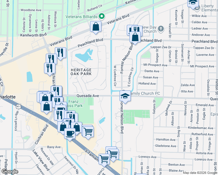 map of restaurants, bars, coffee shops, grocery stores, and more near 1473 Red Oak Lane in Port Charlotte