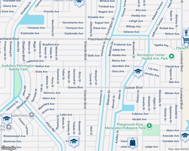 map of restaurants, bars, coffee shops, grocery stores, and more near 1203 Westport Street in Port Charlotte