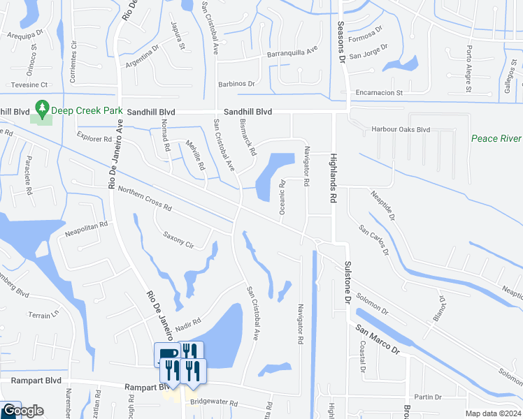 map of restaurants, bars, coffee shops, grocery stores, and more near 26458 Explorer Road in Punta Gorda