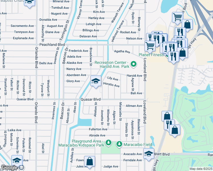 map of restaurants, bars, coffee shops, grocery stores, and more near 1201 Williston Street in Punta Gorda