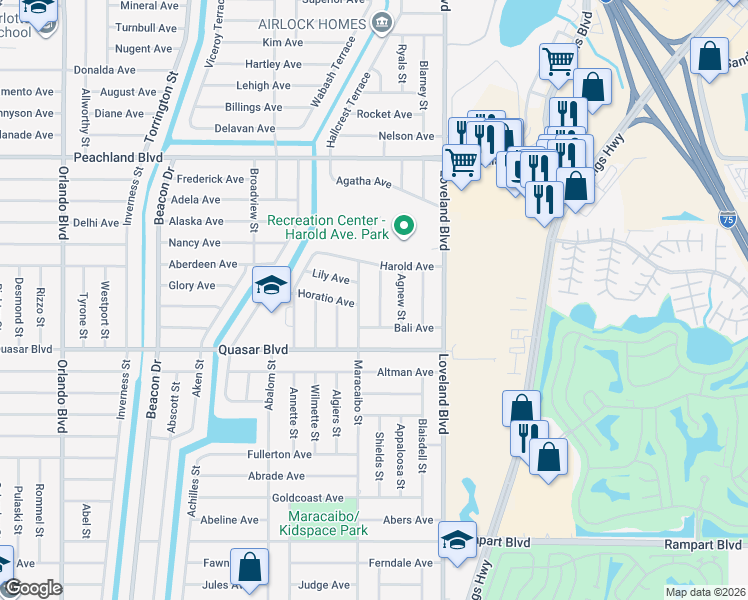 map of restaurants, bars, coffee shops, grocery stores, and more near 1197 Shetland Street in Port Charlotte
