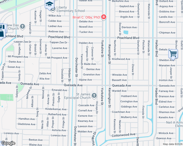 map of restaurants, bars, coffee shops, grocery stores, and more near 21048 Evanston Avenue in Port Charlotte