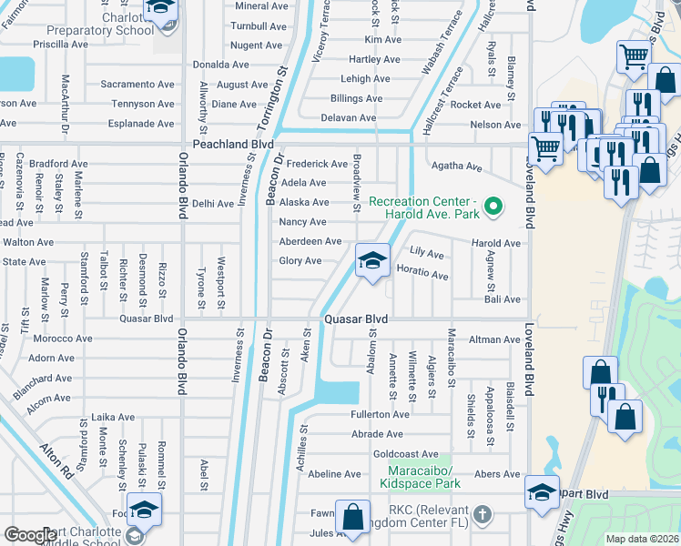 map of restaurants, bars, coffee shops, grocery stores, and more near 1242 Aken Street in Port Charlotte