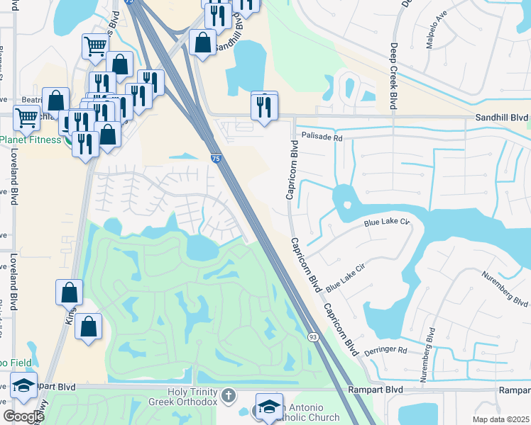 map of restaurants, bars, coffee shops, grocery stores, and more near 24487 Zephyr Court in Port Charlotte