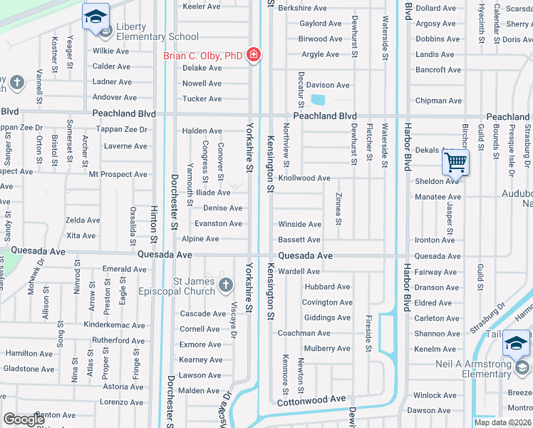 map of restaurants, bars, coffee shops, grocery stores, and more near 1205 Kensington Street in Port Charlotte